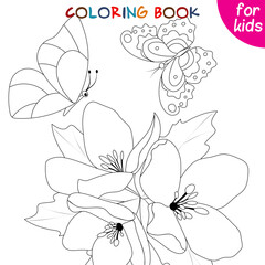 Butterflies collection. Butterflies flutter over the lush flowers. Coloring book page