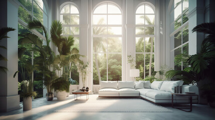 Luxury white living room with huge windows. Generated by a neural network