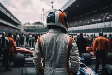 Vitrage gordijnen Formule 1 F1 driver standing up at starting line, generative AI