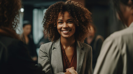 Businesswoman at a networking event conference. Smiling and shaking hands. Generative AI image