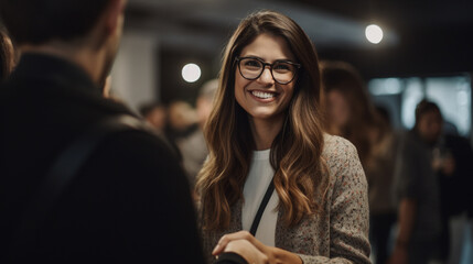 Businesswoman at a networking event conference. Smiling and shaking hands. Generative AI image