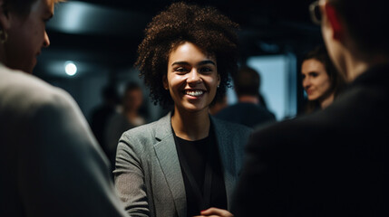 Businesswoman at a networking event conference. Smiling and shaking hands. Generative AI image