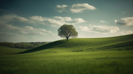 a green tree stands alone in a green meadow. Generative AI