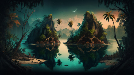 "Tropical Twilight 8K: Bask in the Golden Hour with Palms, Islands, Birds & Crescent Moon"