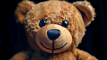 Teddy bear with a sad face on a black background. toned. Generative AI