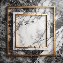 Gold metal empty frame on the white and grey marble wall background mockup. Generative AI.