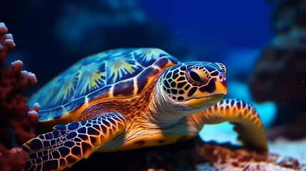 Fototapeta na wymiar Colorful tropical fish and turtle life in the coral reef, animals of the underwater sea world. Generative ai