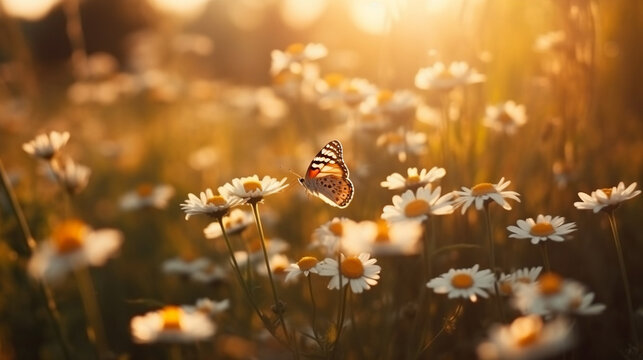 Field of daisies in golden rays of the setting sun in spring summer nature with an orange butterfly outdoors. Generative ai