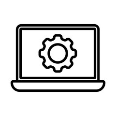 Data management icon. Laptop with cog wheel in screen. Black outline stock vector