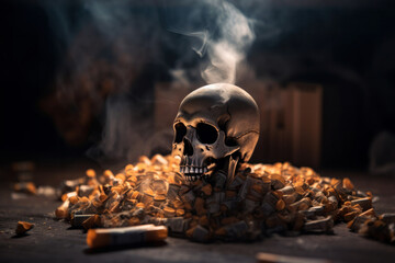 A powerful message of a human skull surrounded by smoke and cigarettes, calling attention to the deadly consequences of smoking and nicotine addiction, captured by AI Generative. No Generative AI