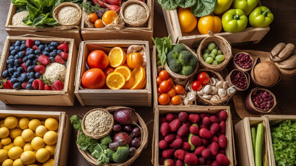 Food Assortment in Paper Boxes on Wooden Background Fruits, Vegetables, Herbs, Legumes, Cereals, and Leafy Greens. Generative ai
