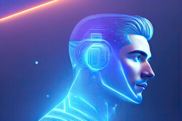 Digital Illustration of a Male Head in Front of a Futuristic Background. Generative AI