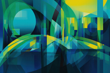 Fototapeta premium Overlapping Geometric Shapes Background in Blue, Green, and Yellow