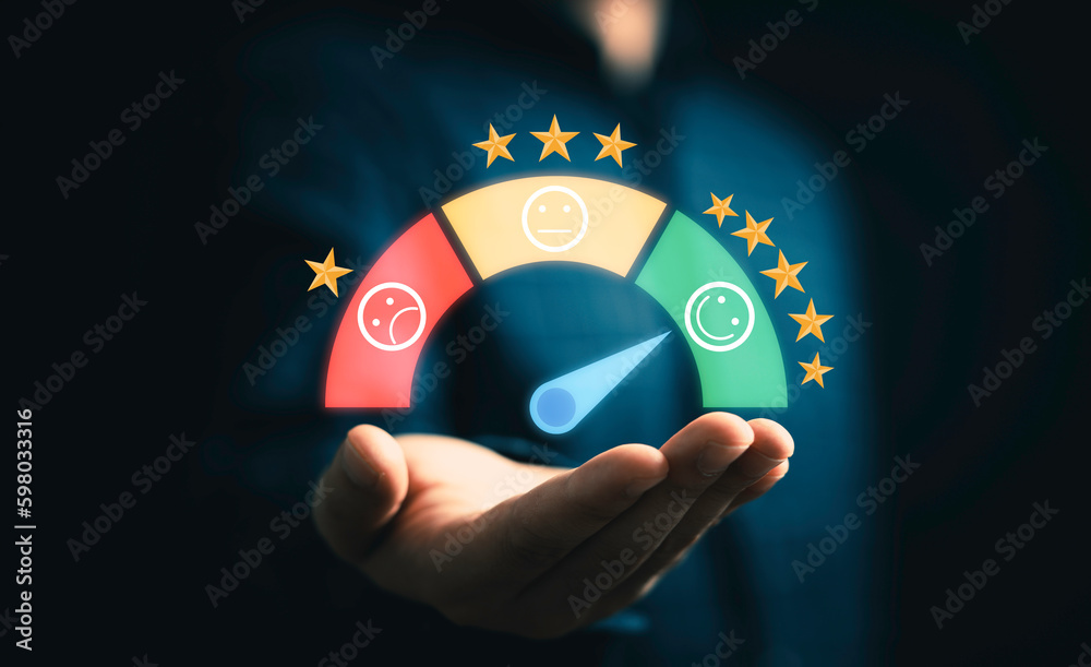 Poster customer holding virtual evaluation indicator rating since low to high for client excellent evaluate
