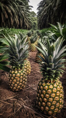 Pineapple plantations on Bali Island, Indonesia Pineapples are growing on the ground.