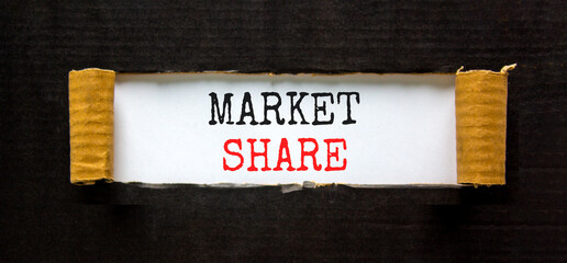 Market share symbol. Concept words Market share on beautiful white paper. Beautiful black paper cardboard background. Business and Market share concept. Copy space.