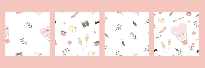 Seamless pattern set with wedding and botanical items. Soft vector backgrounds in green, pink and white. Just married concept