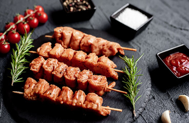 raw turkey skewers
on a stone background