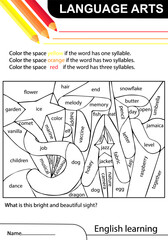 Language arts. English learning. Star. Task coloring the space if the word has one, two, three syllables. Worksheet at school, home. Hand drawn sketch vector illustration