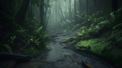 Enchanting Lush Rainforest with Waterfall
