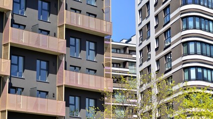 Obraz premium Ecology and green living in city, urban environment concept. Modern apartment building and green trees. Ecological housing architecture. A modern residential building in the vicinity of trees.