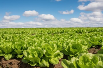A field of green lettuce with a blue sky in the background - obrazy, fototapety, plakaty