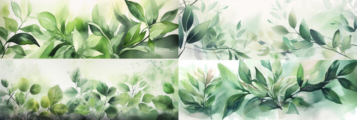 Fresh green leaves and watercolor textures combine in plant-inspired illustrations. Four 10:3 ratio image frames, optimized for homepage banners.  Generative AI 