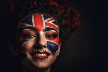 Fototapeta na wymiar portrait of a happy girl with makeup in colors depicting the flag of the United Kingdom. Blue, white, red. Generative AI Generative AI