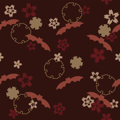 コウモリと桜のシームレスパターン　オレンジ