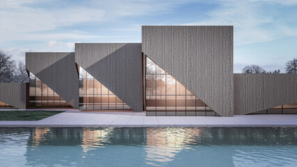 Architecture 3d rendering illustration of minimal house with reflection of water-front