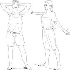 Two women stand in different poses. One of the girls holds her hands on the back of her head. The second female character shows the direction with her hand.