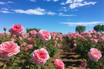 A field of pink roses with a blue sky in the background