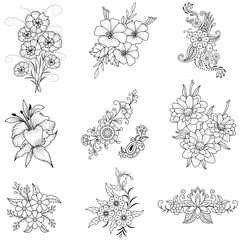 Set of different flower line on white background. Flowers drawing with line-art on white backgrounds. 