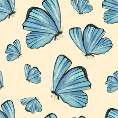 Seamless Pattern Blue butterfly on the beige background 