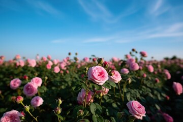 A field of pink roses with a blue sky in the background