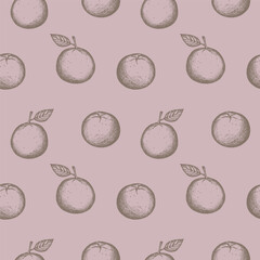 Seamless pattern with tangerines. Repeating background with fruits, boho style. Drawn by hand. Design element for textiles, printing. Vector ornamental illustration