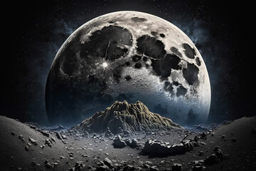 月面と背後に大きな満月：AI生成画像