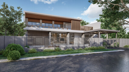Fototapeta na wymiar Architecture 3d rendering illustration of minimal modern house 