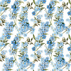 Seamless pattern with many forget-me-not flowers on white background in watercolor style. Generative AI.