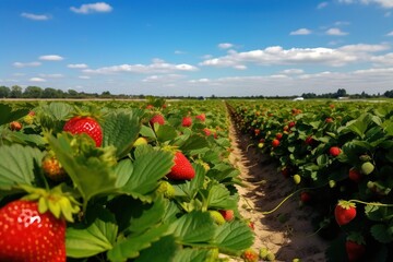 A field of red strawberries with a blue sky in the background