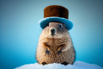 Alpine marmot in a top hat on snow on blue background. Generative AI.