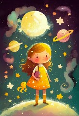 Cover book of kid standing on universe with cute little stars Created with Generative AI technology.