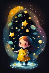 Cover book of kid standing on universe with cute little stars Created with Generative AI technology.