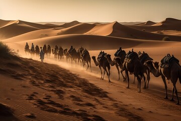 Fototapeta na wymiar Journeying through the Sahara: A Camel Caravan Adventure, generative ai