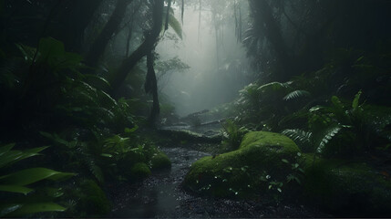 Verdant Lush Rainforest with Waterfall