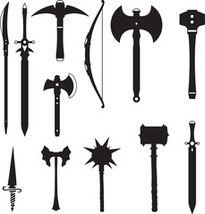Set of differents medieval weapons  silhouette vector illustration