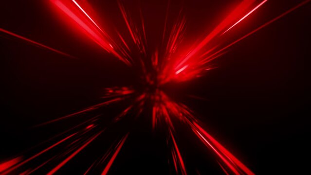 Red glow light rays with time warp on rotate and zoom in effect background. Perspective view of red laser light burst motion. Long exposure time warp speed Lights lines red background zoom in. 4K