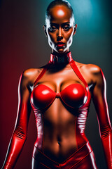 Illustration of Sexy Woman.  Girl in red latex.  Generative AI.