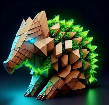 Wood robot with a green moss of a Porcupine - Generative AI illustrations