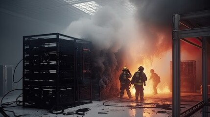 Firefighters tackling data center fire with burning servers racks, Internet unexpected outage, big data center offline due fire in servers room, thick smoke in computer data center, generative AI - obrazy, fototapety, plakaty